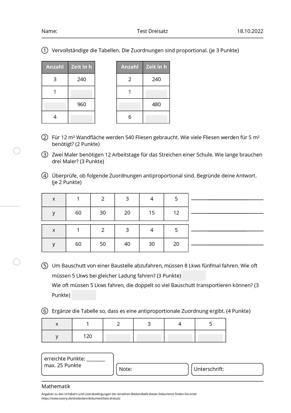 Arbeitsblatt - Test Dreisatz - Mathematik - Mittlere Reife - Tutory.de