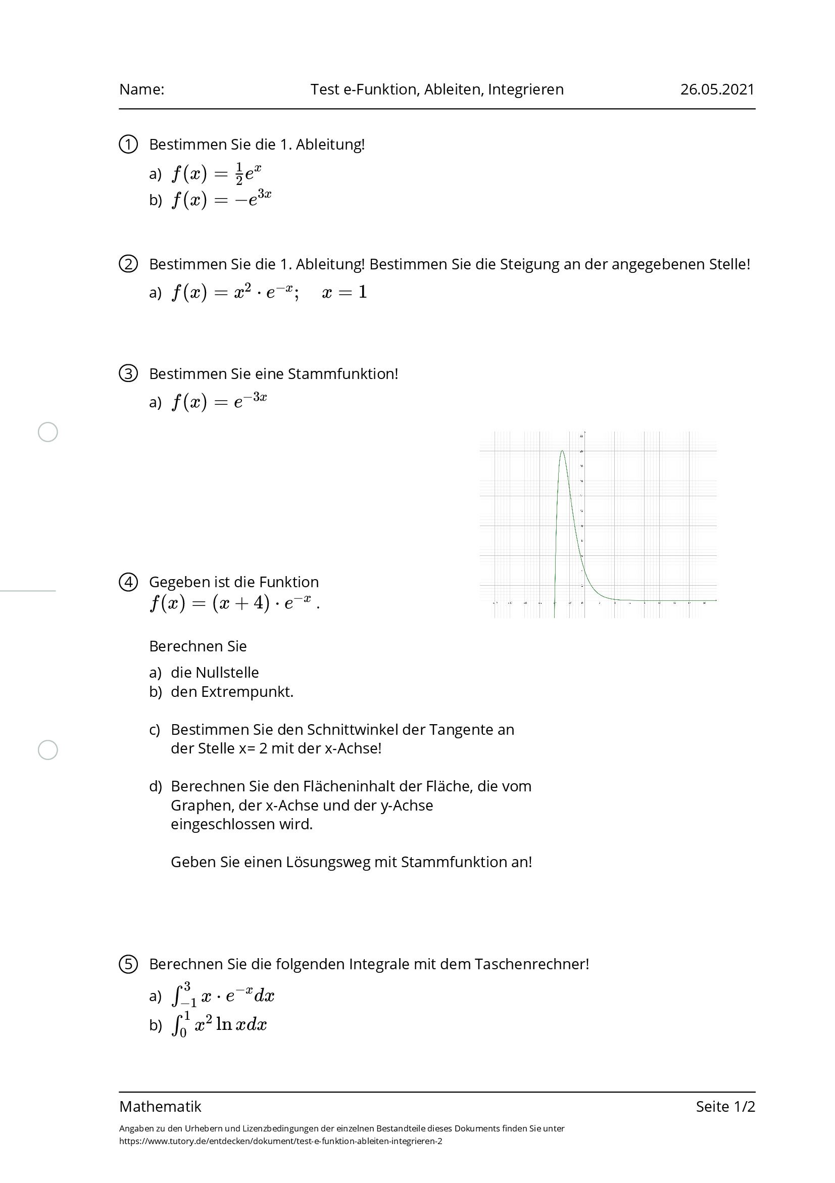 Arbeitsblatt - Test E-Funktion, Ableiten, Integrieren - Mathematik ...