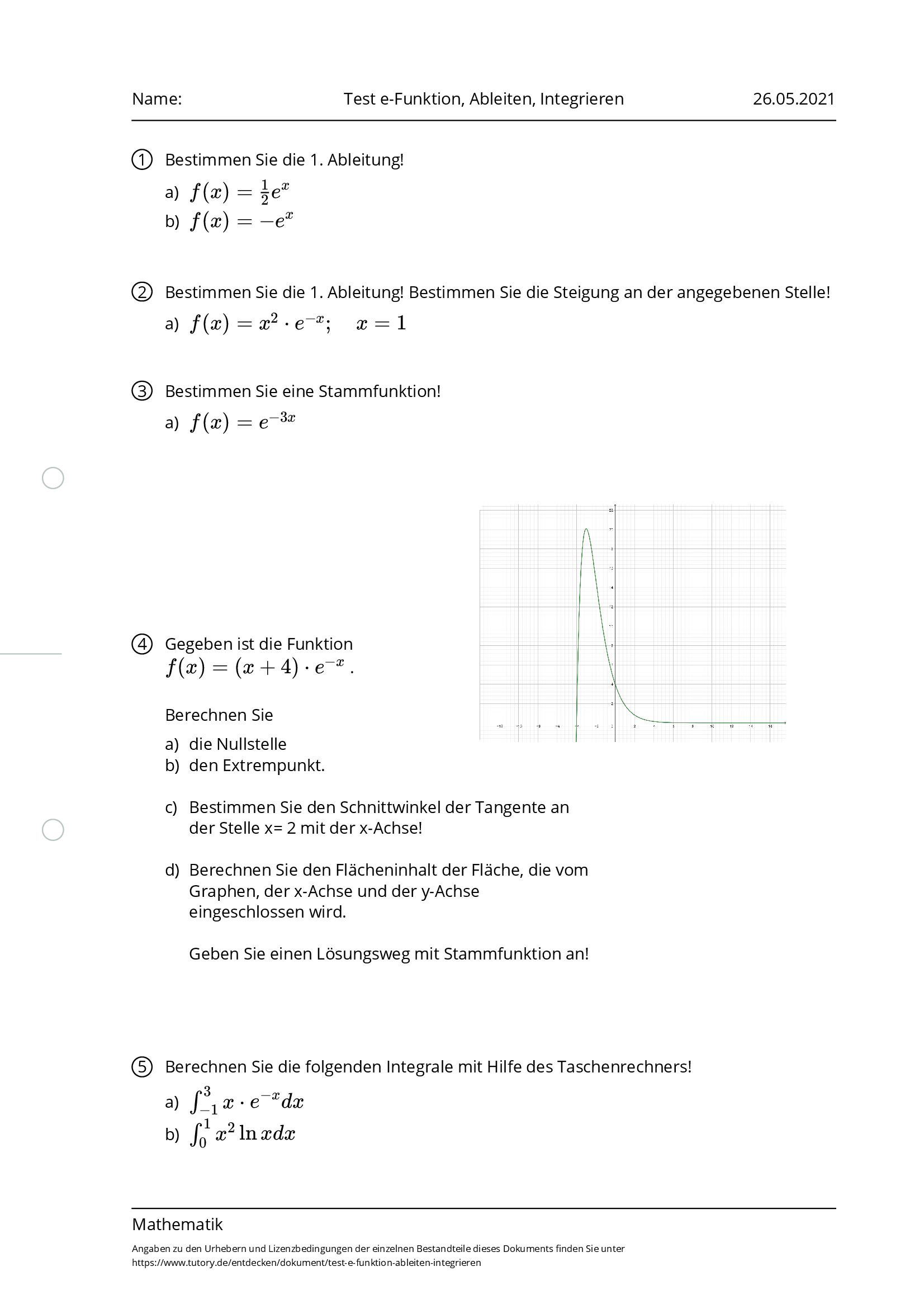 Arbeitsblatt - Test E-Funktion, Ableiten, Integrieren - Mathematik ...