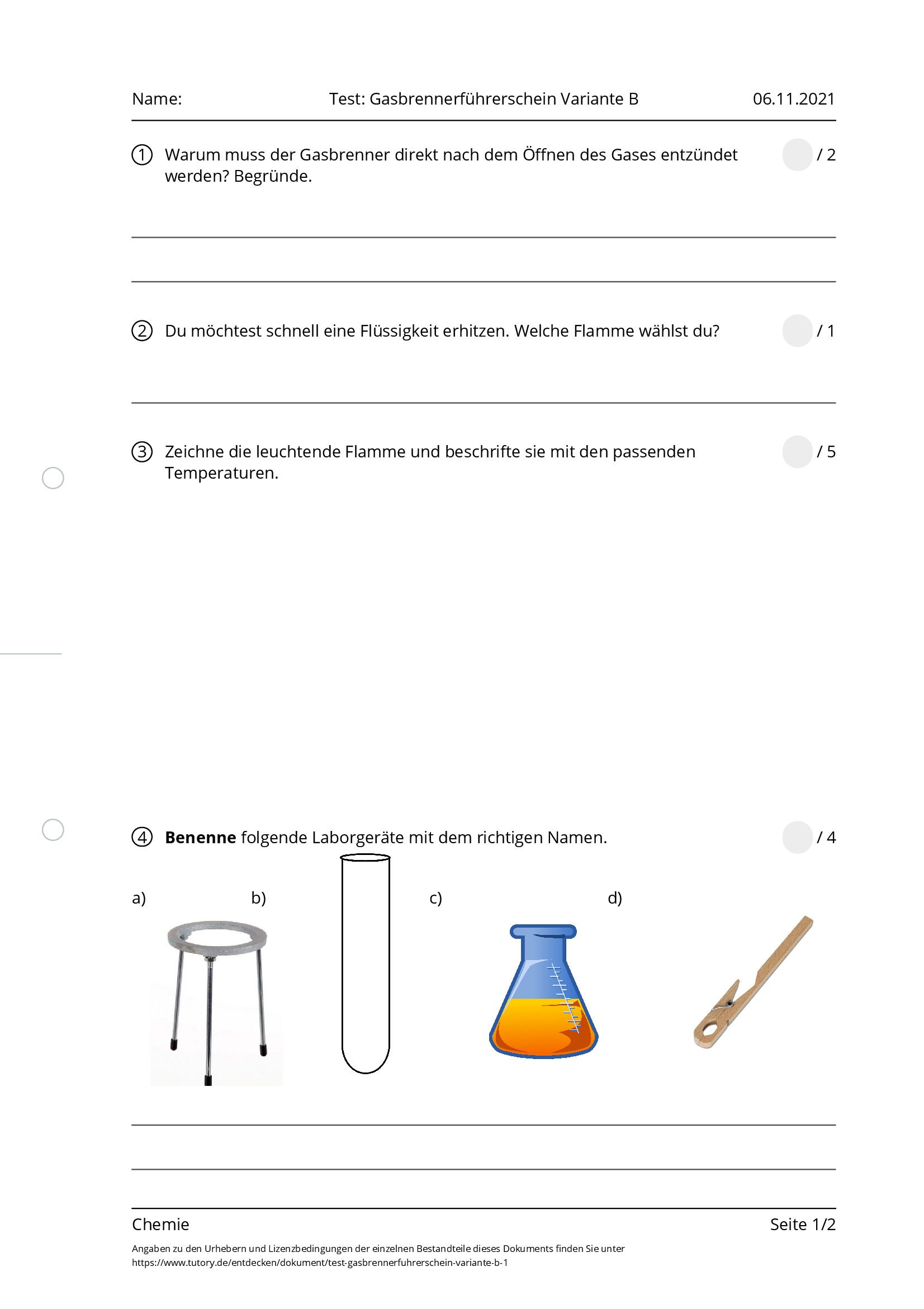 Arbeitsblatt - Test: Gasbrennerführerschein Variante B - Chemie - Tutory.de