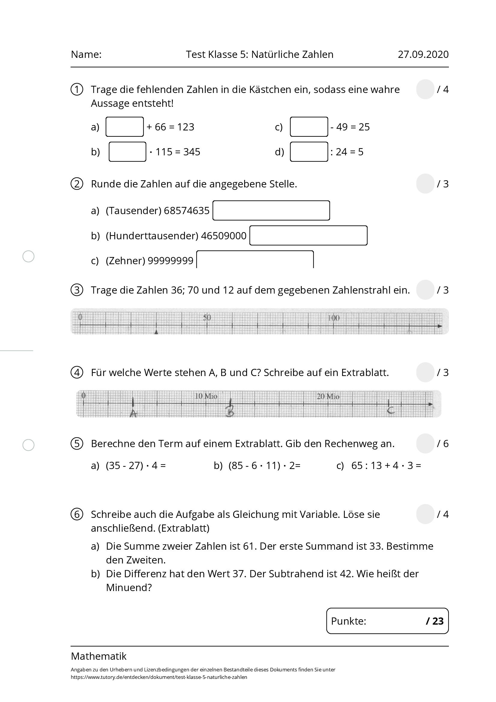 Arbeitsblatt - Test Klasse 5: Natürliche Zahlen - Mathematik - Tutory.de