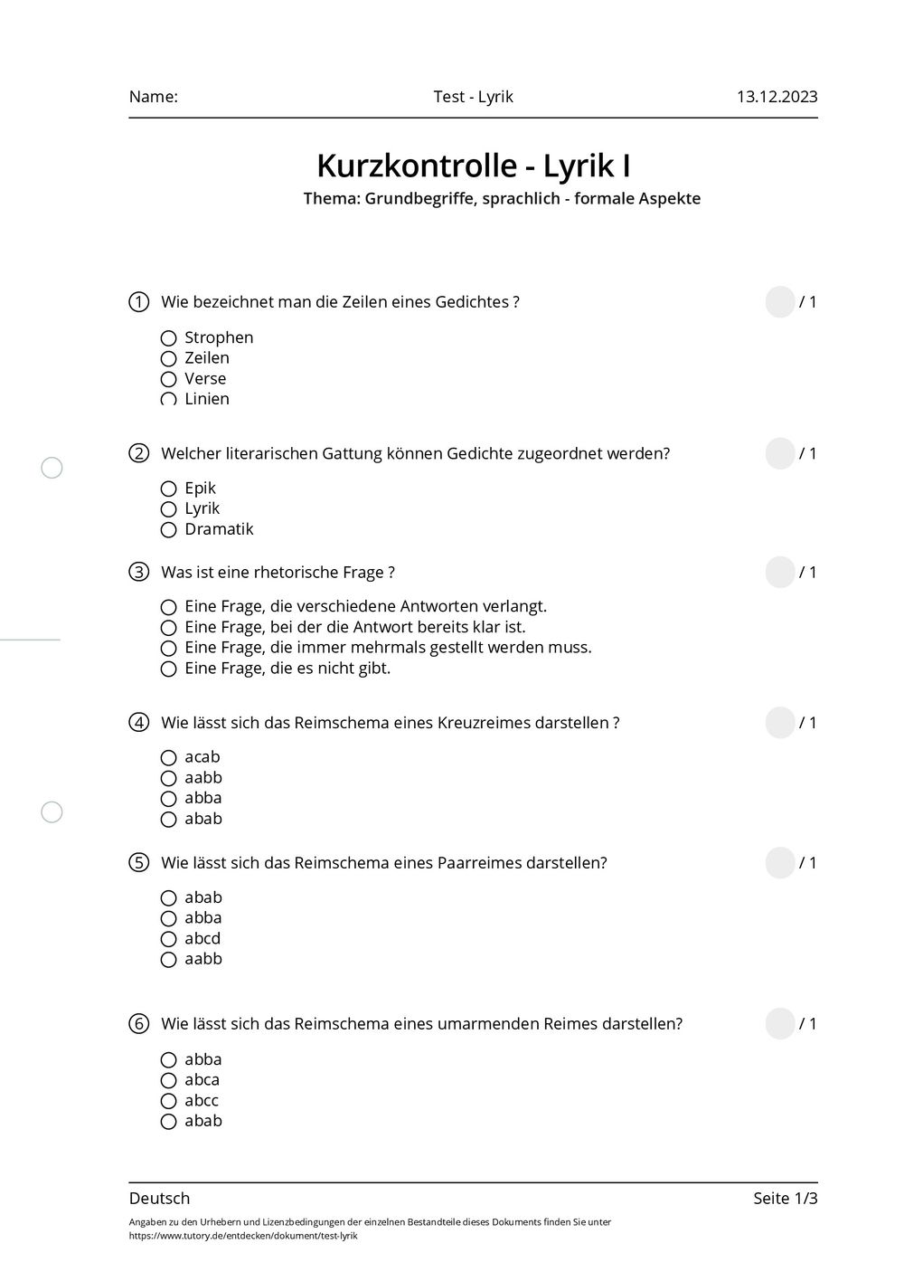 Arbeitsblatt Test Lyrik Deutsch tutory.de