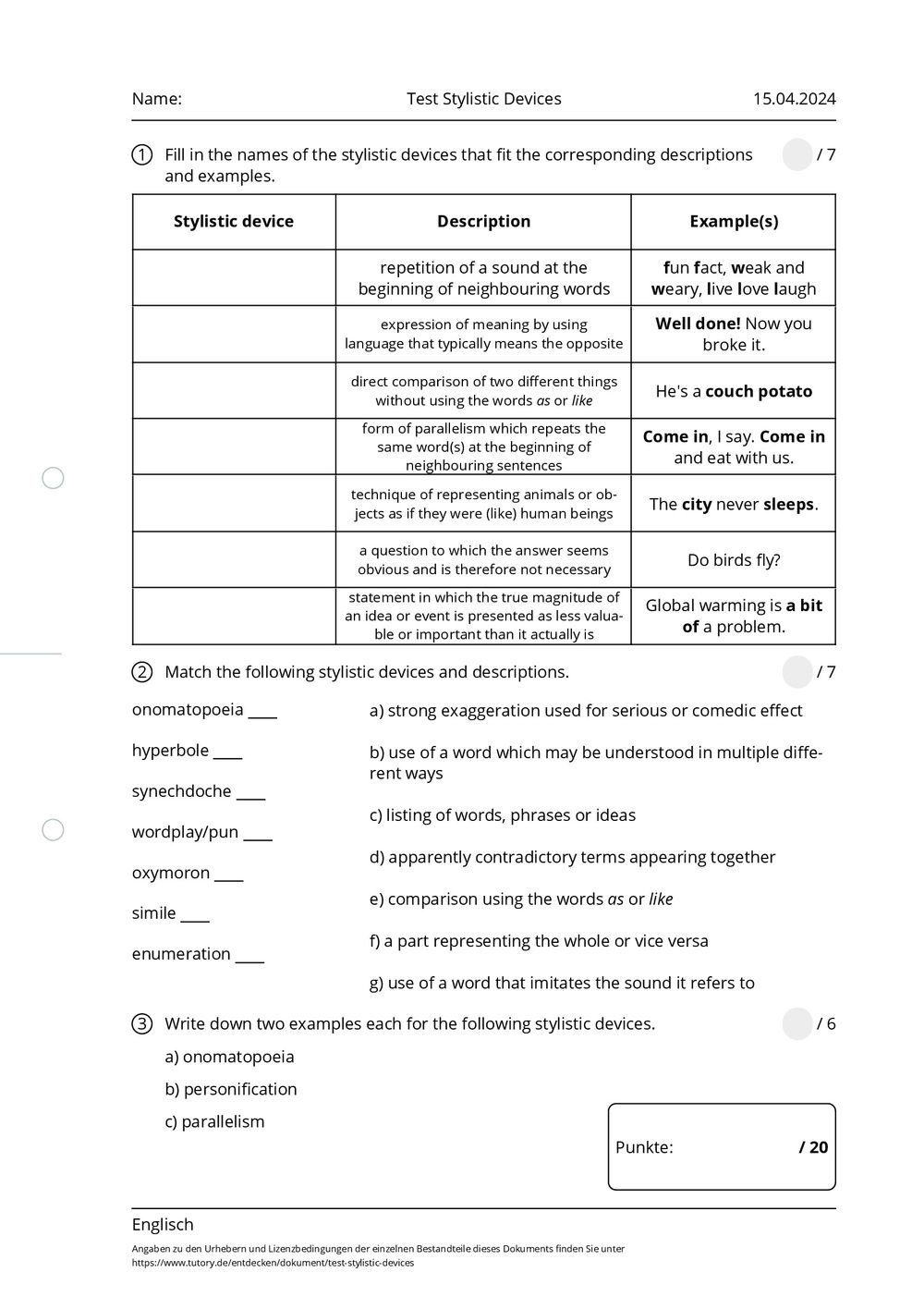 Arbeitsblatt - Test Stylistic Devices - Englisch - Tutory.de