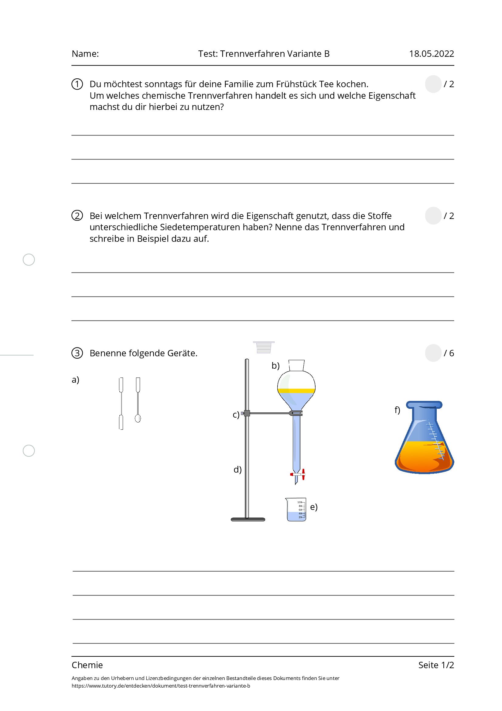 Arbeitsblatt - Test: Trennverfahren Variante B - Chemie - Tutory.de