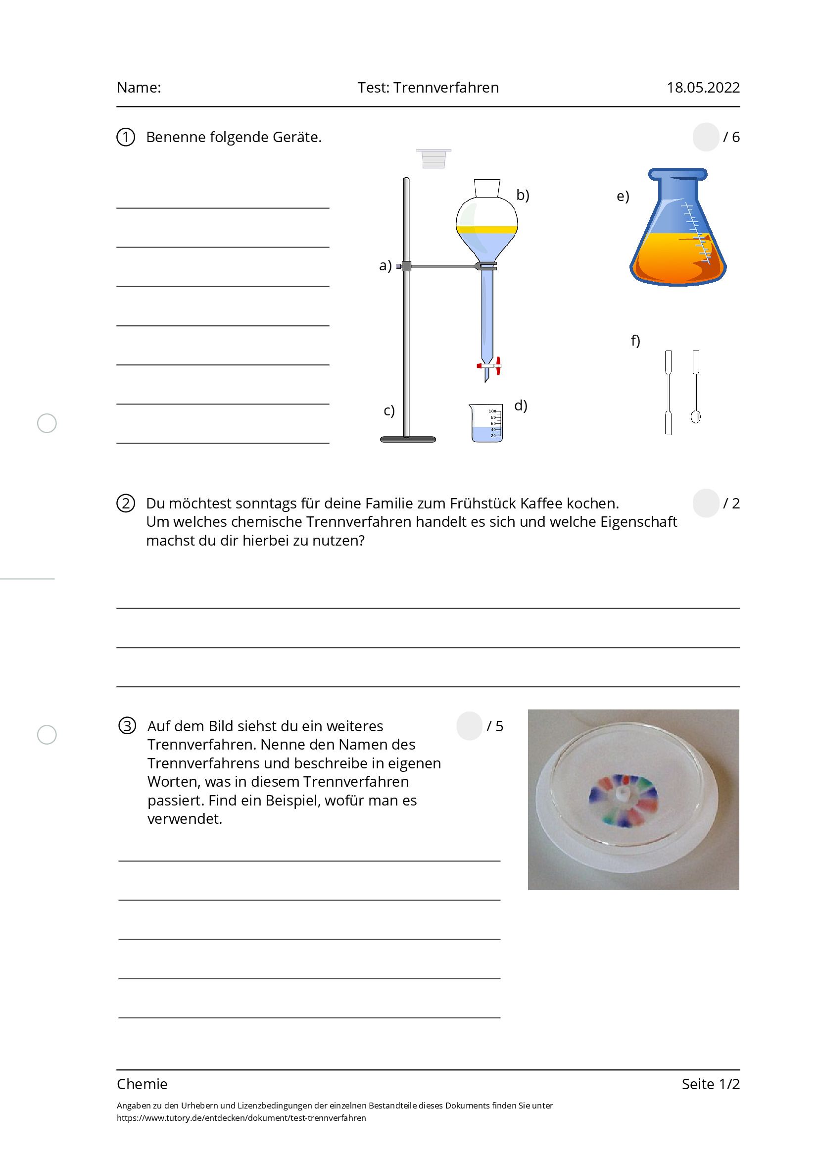 Arbeitsblatt - Test: Trennverfahren - Chemie - Tutory.de