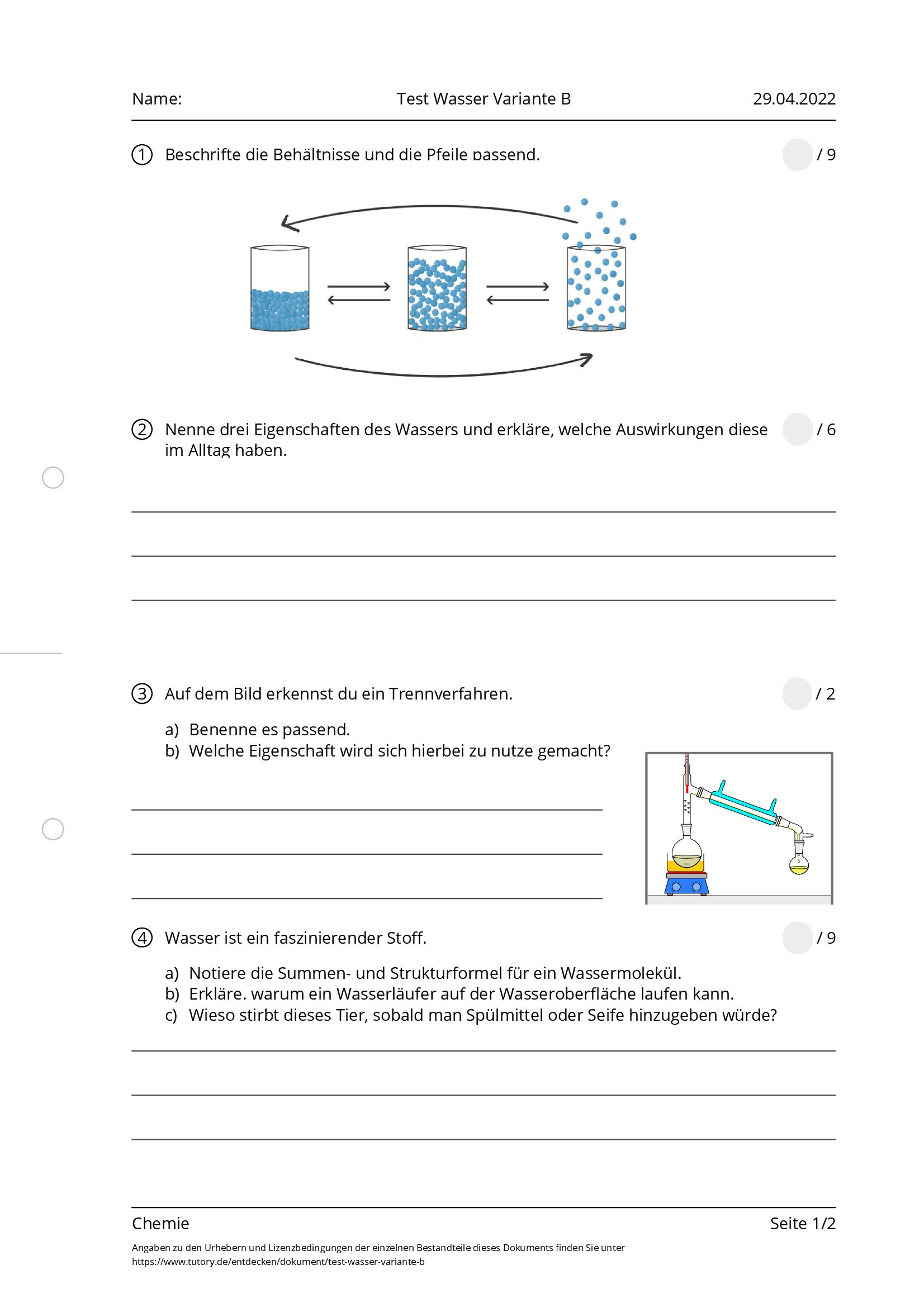 Arbeitsblatt - Test Wasser Variante B - Chemie - Tutory.de