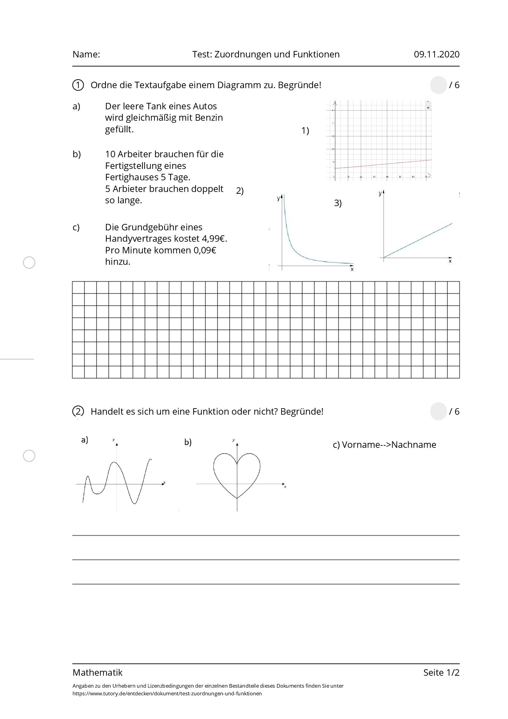 Arbeitsblatt - Test: Zuordnungen Und Funktionen - Mathematik - Tutory.de