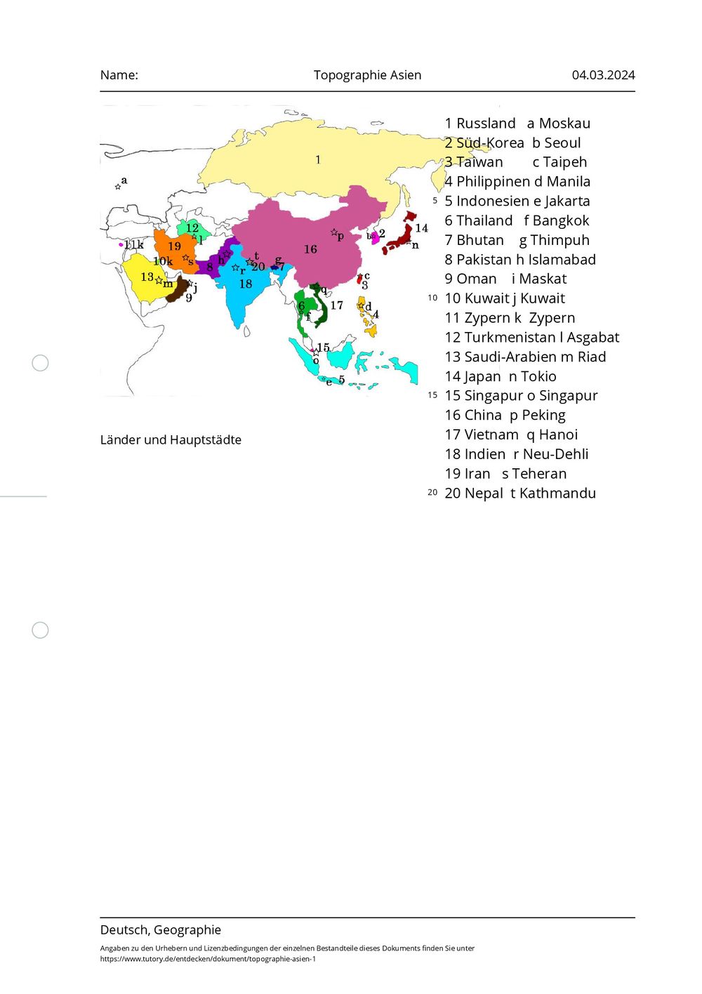 Arbeitsblatt Topographie Asien Deutsch And Geographie Tutory De