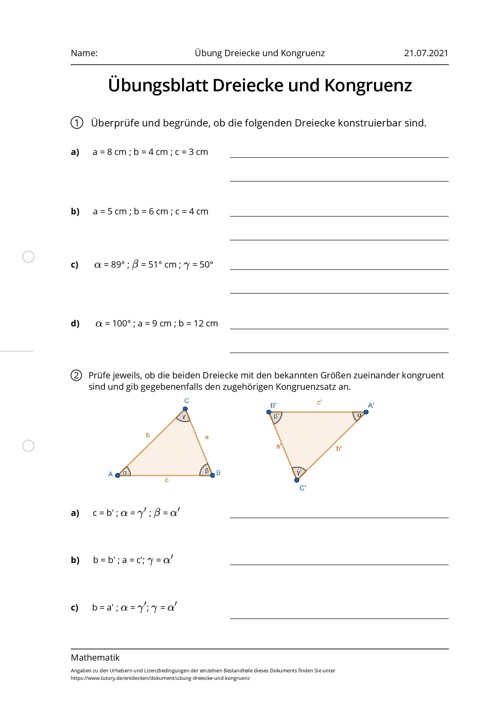 Arbeitsblatt - Übung Dreiecke Und Kongruenz - Mathematik - Tutory.de