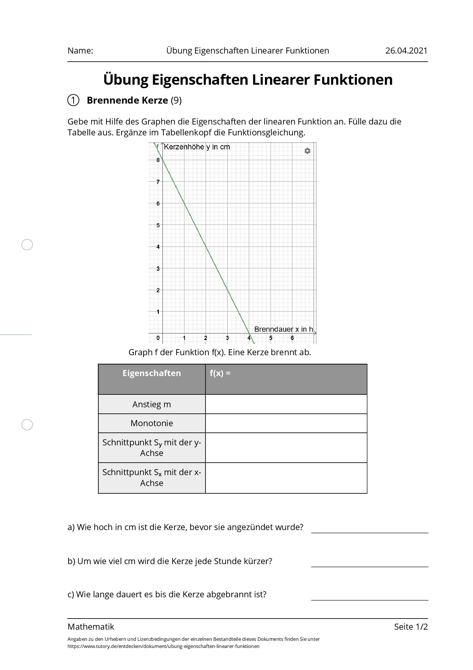 Arbeitsblatt - Übung Eigenschaften Linearer Funktionen - Mathematik ...