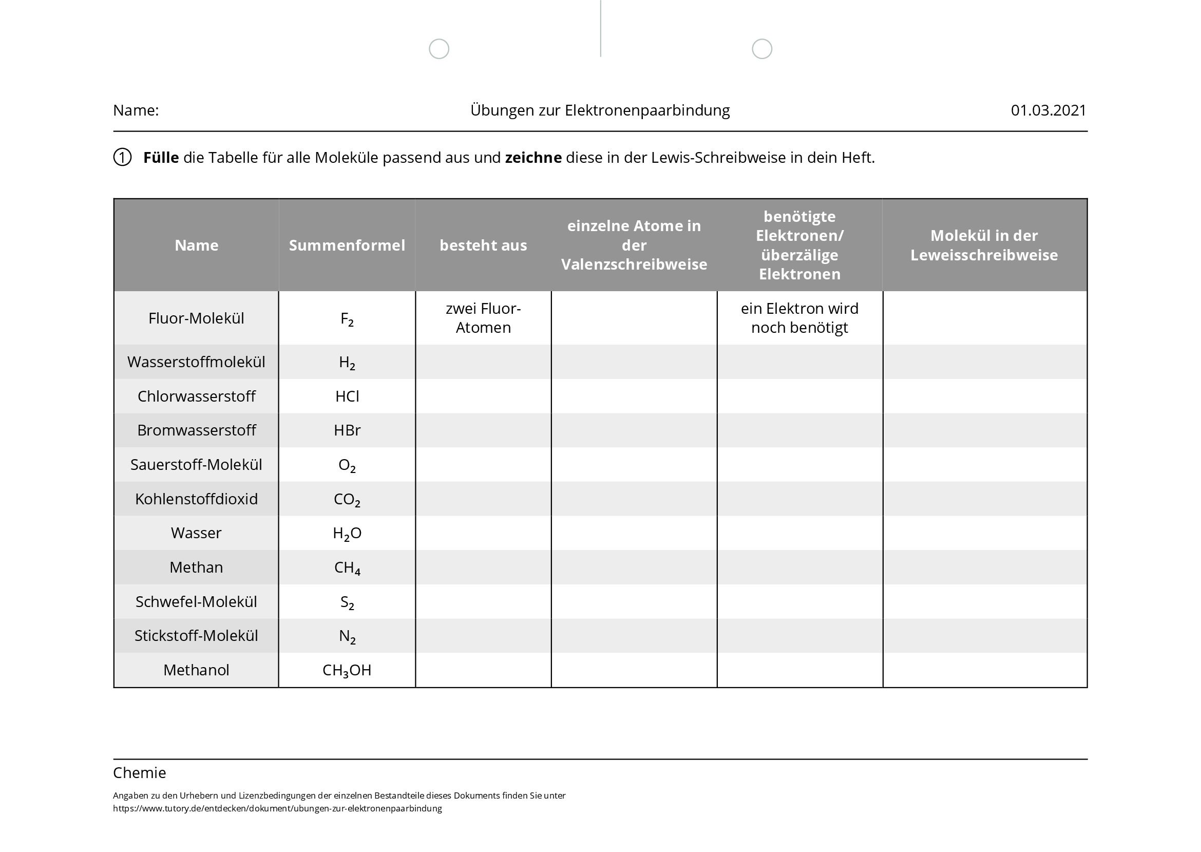 Arbeitsblatt - Übungen Zur Elektronenpaarbindung - Chemie - Tutory.de