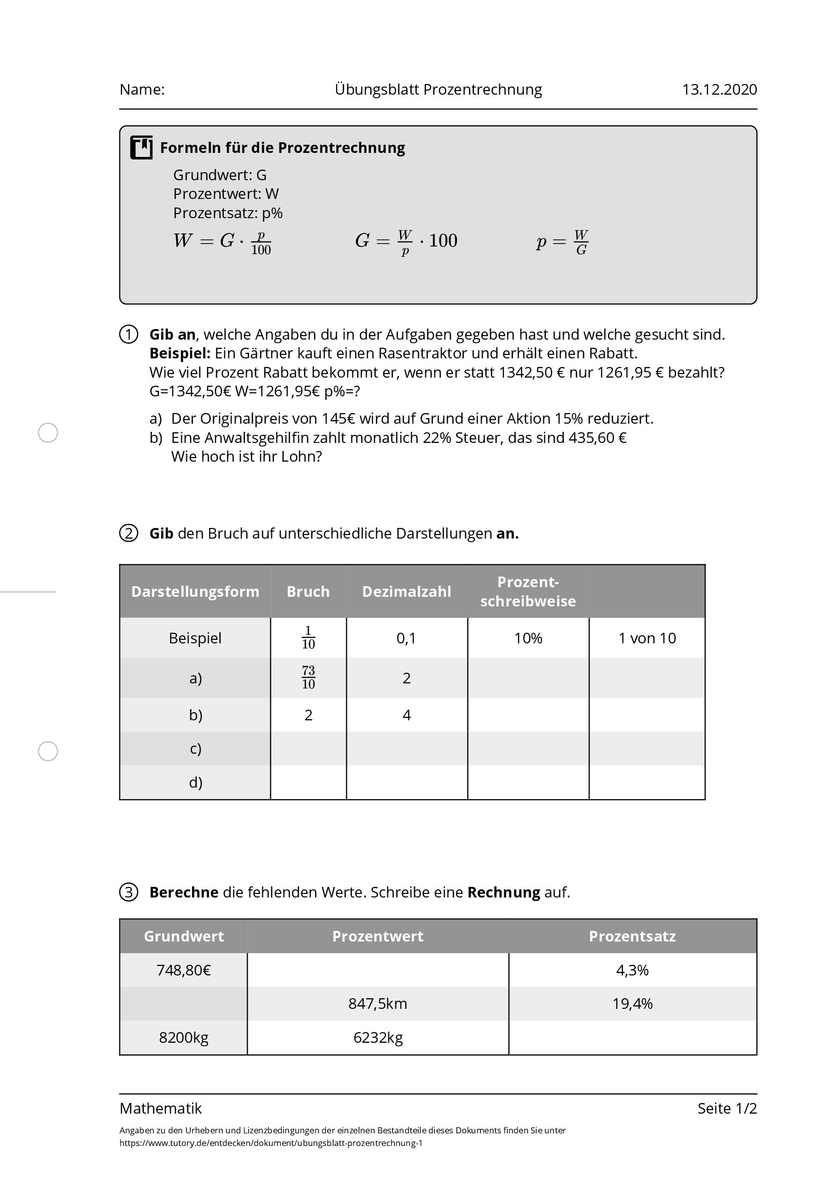 Arbeitsblatt - Übungsblatt Prozentrechnung - Mathematik - Tutory.de