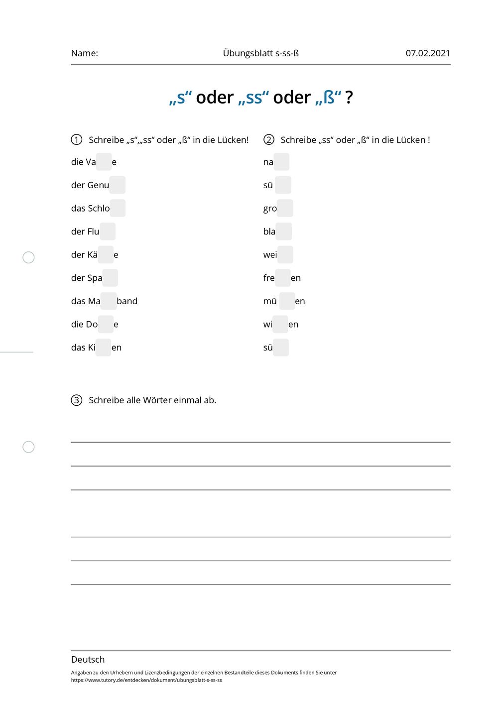 S Ss ß Übungen Arbeitsblätter
 Arbeitsblatt Übungsblatt s ss ß Deutsch tutory