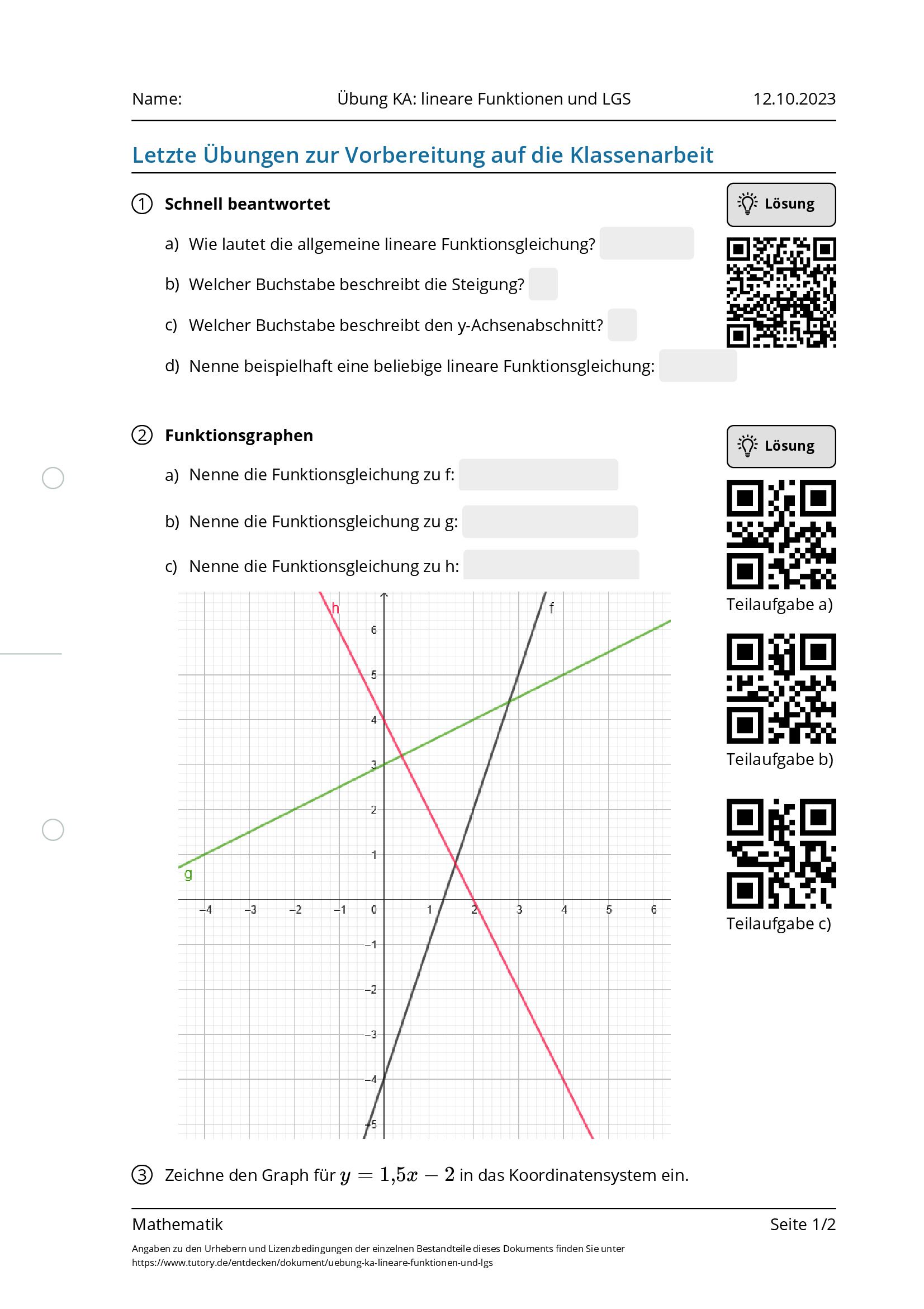 Arbeitsblatt - Übung KA: Lineare Funktionen Und LGS - Mathematik ...