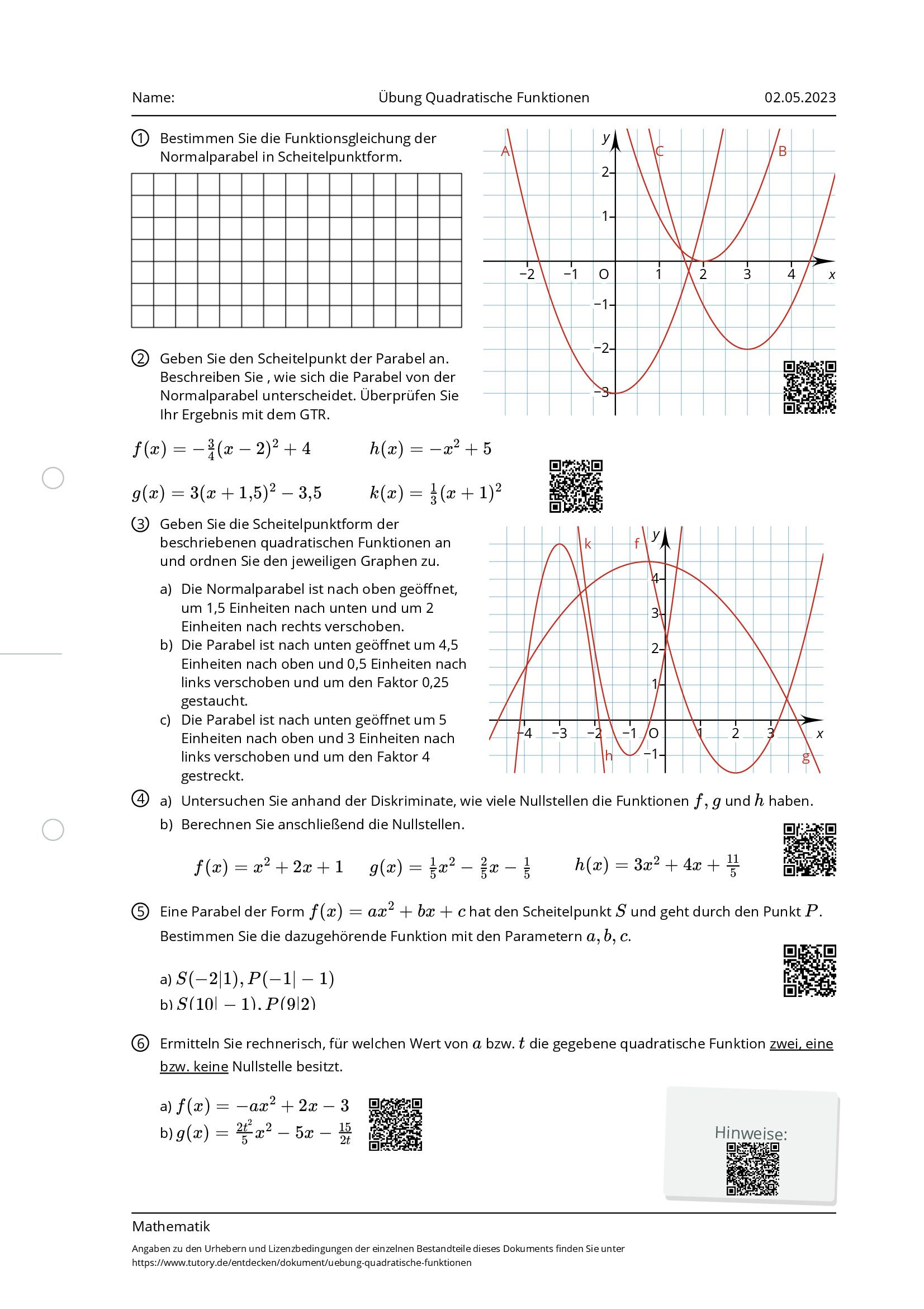 Arbeitsblatt - Übung Quadratische Funktionen - Mathematik - Allgemeine ...