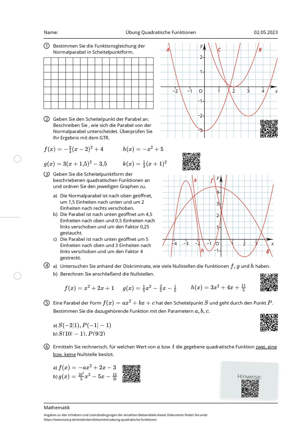 Arbeitsblatt Übung Quadratische Funktionen Mathematik Allgemeine Hochschulreife Tutoryde 8936