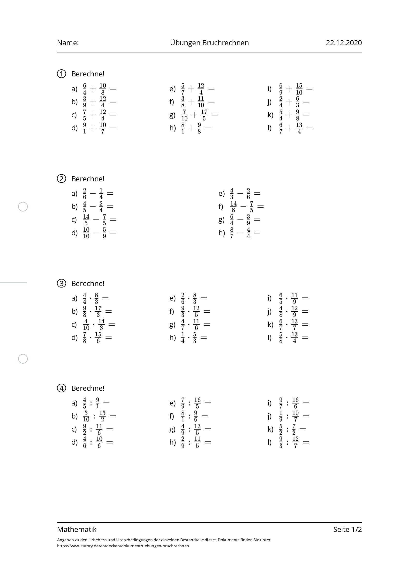 Arbeitsblatt - Übungen Bruchrechnen - Mathematik - Tutory.de