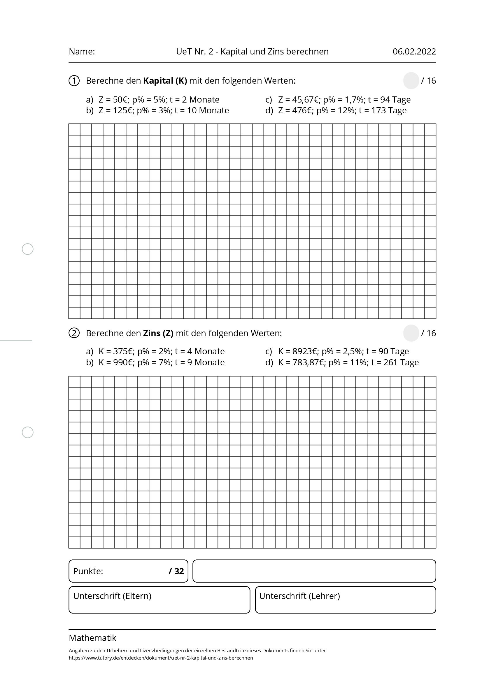 Arbeitsblatt - UeT Nr. 2 - Kapital Und Zins Berechnen - Mathematik ...