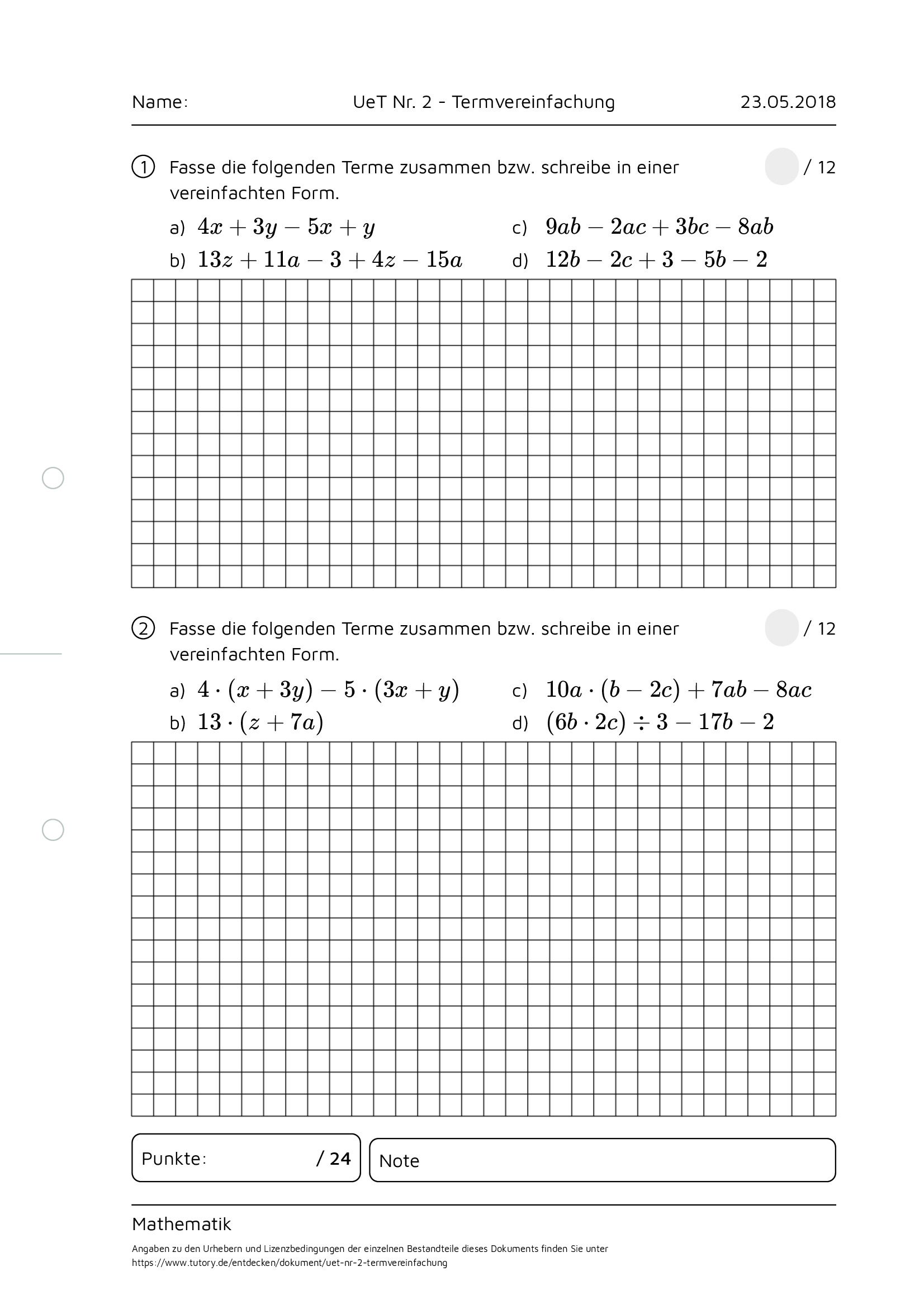 Arbeitsblatt - UeT Nr. 2 - Termvereinfachung - Mathematik - Mittlere ...