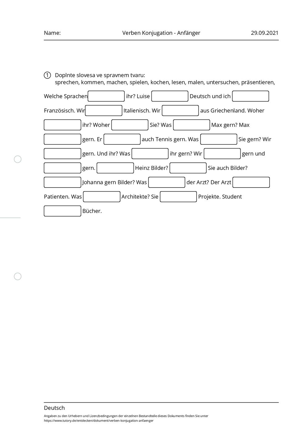 Arbeitsblatt - Verben Konjugation - Anfänger - Deutsch - tutory.de