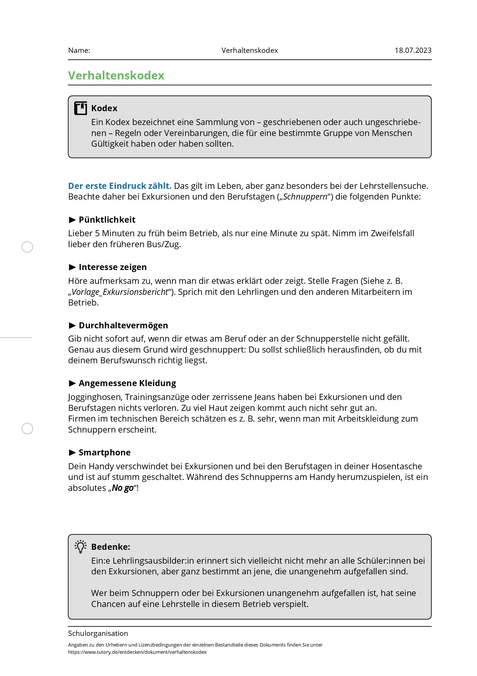 Arbeitsblatt - Verhaltenskodex - Schulorganisation - Sonstige - Tutory.de