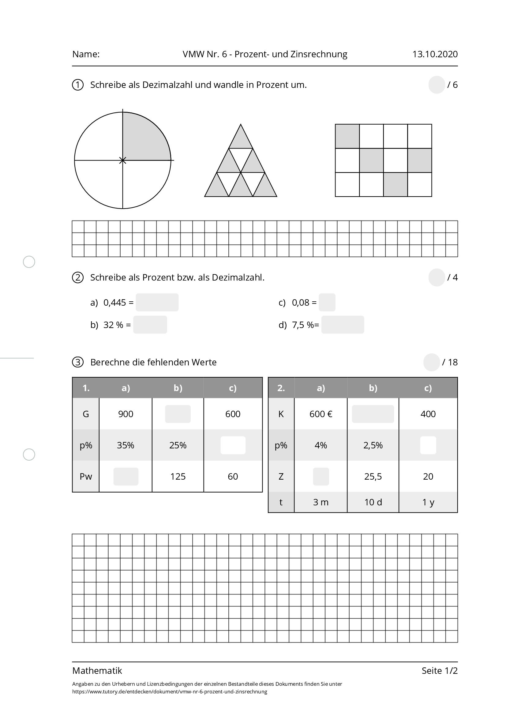 Arbeitsblatt - VMW Nr. 6 - Prozent- Und Zinsrechnung - Mathematik ...