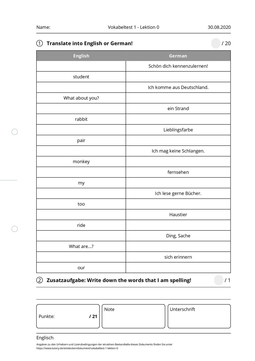 Arbeitsblatt Vokabeltest 1 Lektion 0 Englisch Tutoryde 4863