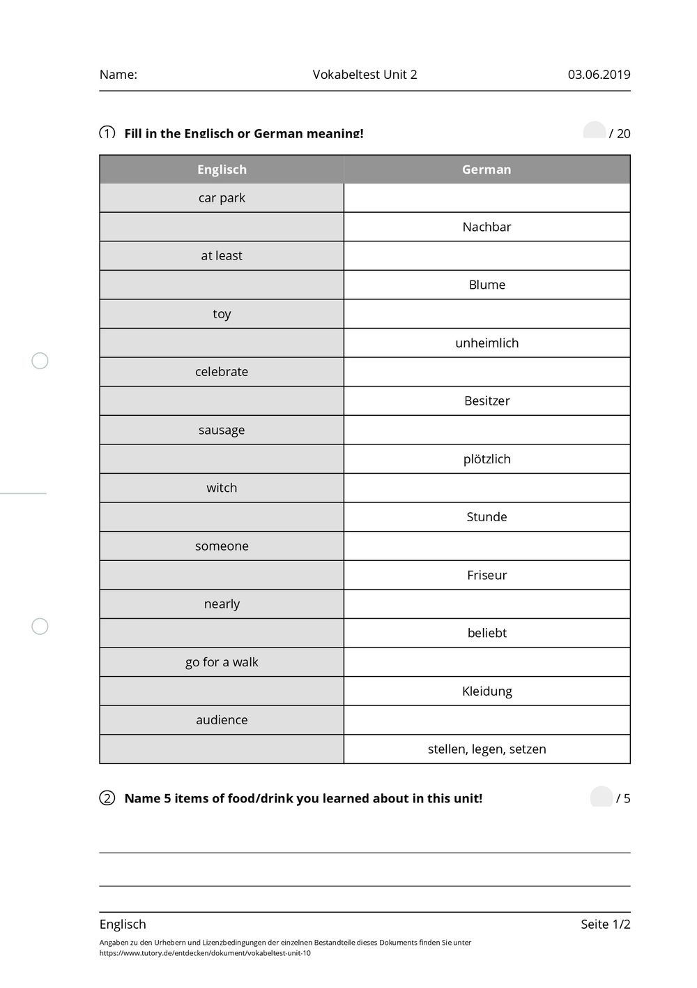 Arbeitsblatt Vokabeltest Unit 2 Englisch Tutoryde 7105