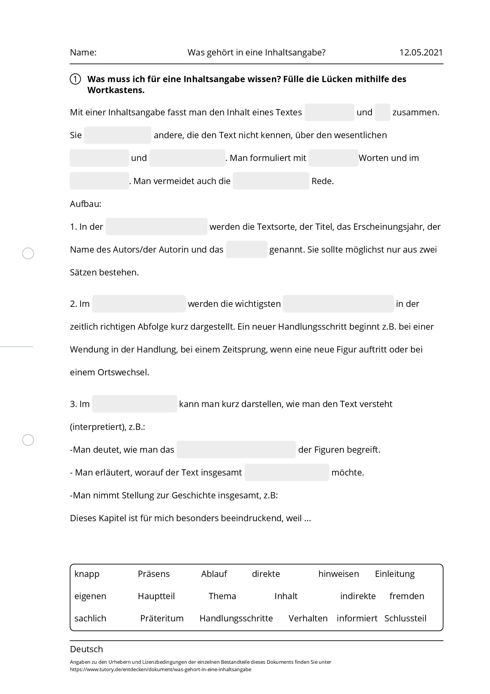 Arbeitsblatt - Was Gehört In Eine Inhaltsangabe? - Deutsch - Tutory.de