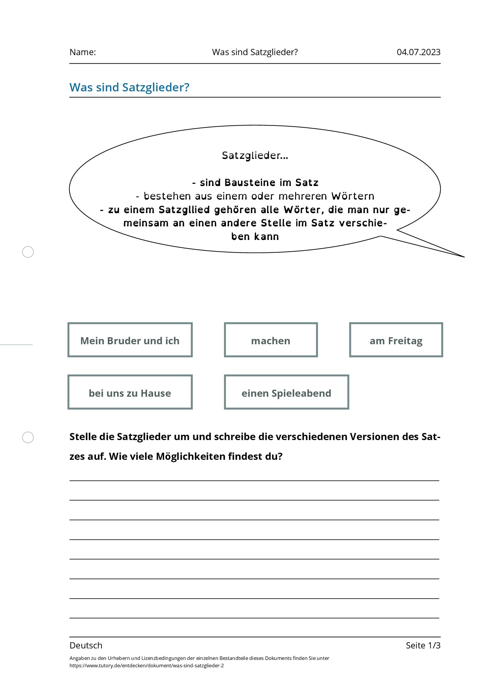 Arbeitsblatt - Was Sind Satzglieder? - Deutsch - Tutory.de