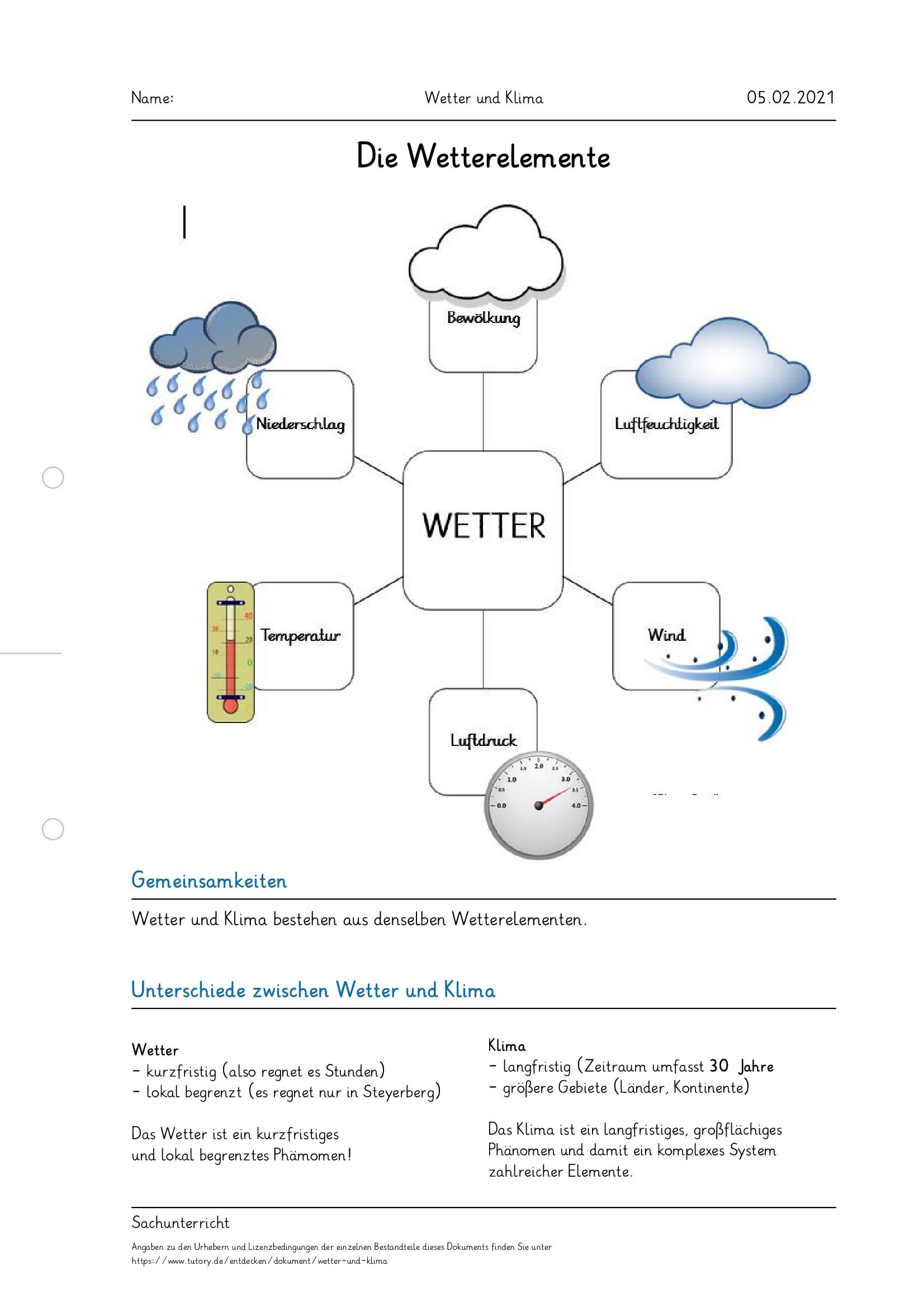 Arbeitsblatt - Wetter Und Klima - Sachunterricht - Tutory.de