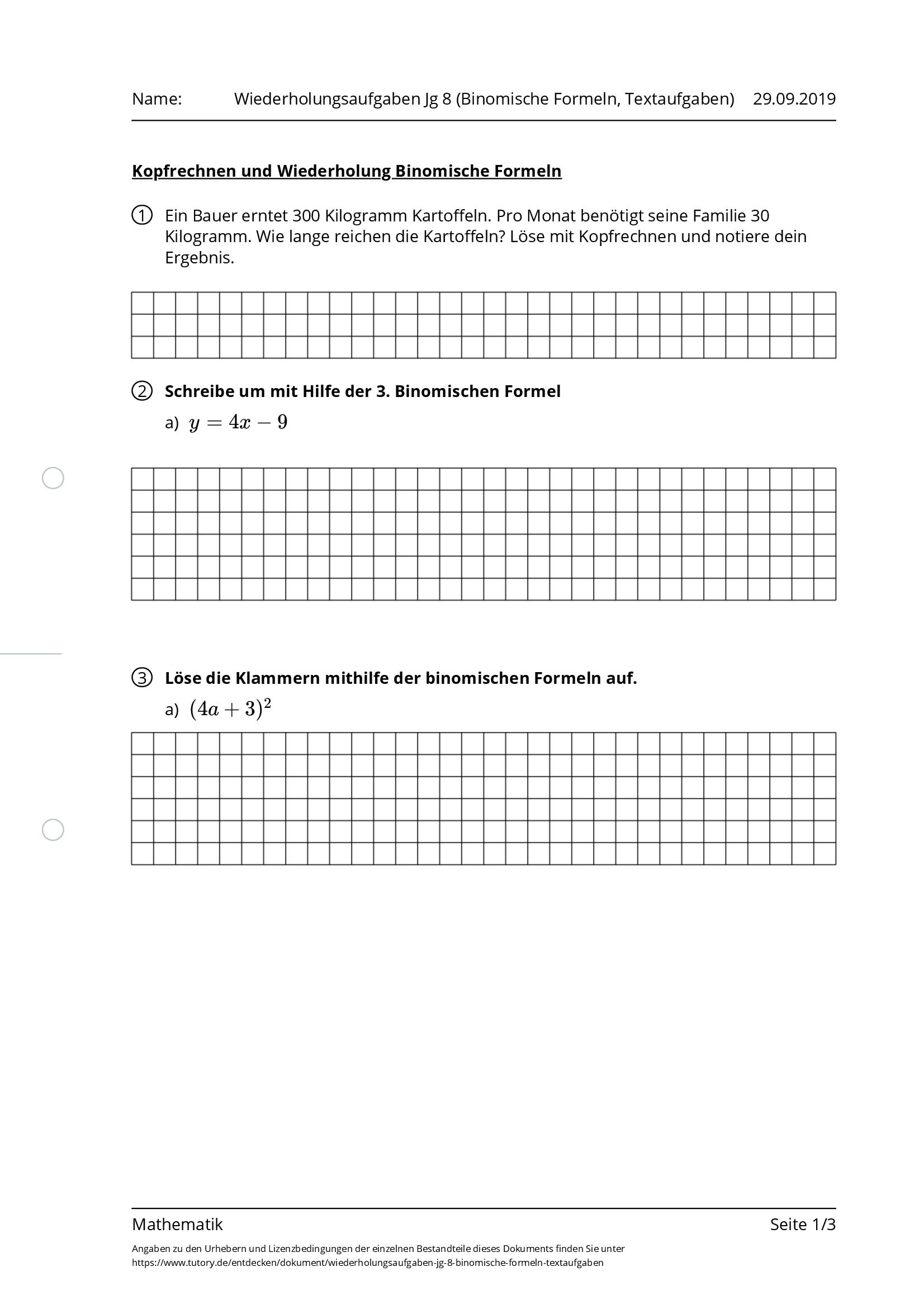 Arbeitsblatt - Wiederholungsaufgaben Jg 8 (Binomische Formeln ...