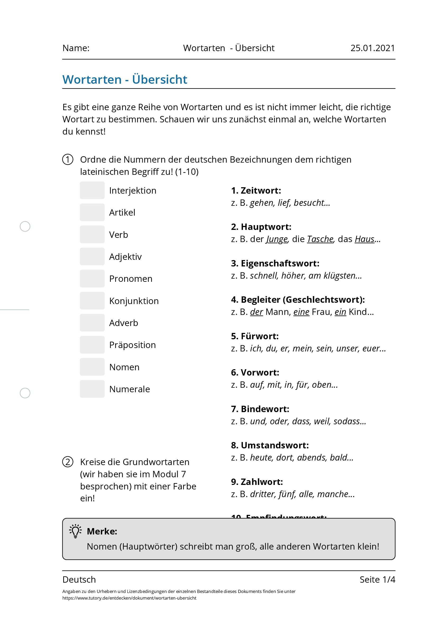 Arbeitsblatt - Wortarten - Übersicht - Deutsch - Sonstige - Tutory.de