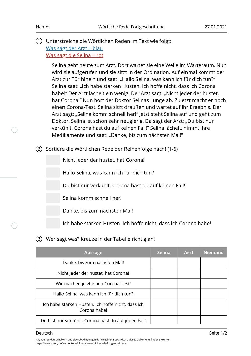 Wörtliche Rede Arbeitsblatt
 Arbeitsblatt Wörtliche Rede Fortgeschrittene Deutsch tutory