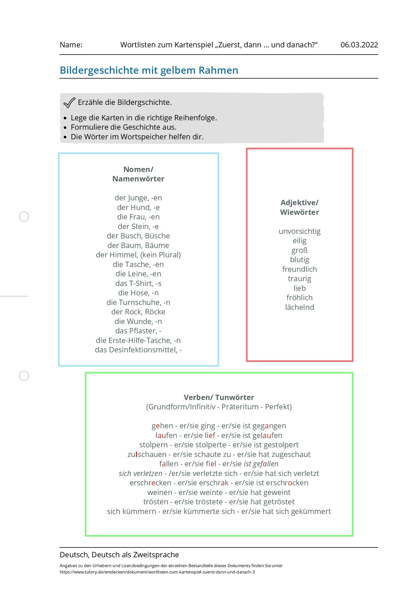 Arbeitsblatt - Wortlisten Zum Kartenspiel „Zuerst, Dann … Und Danach ...