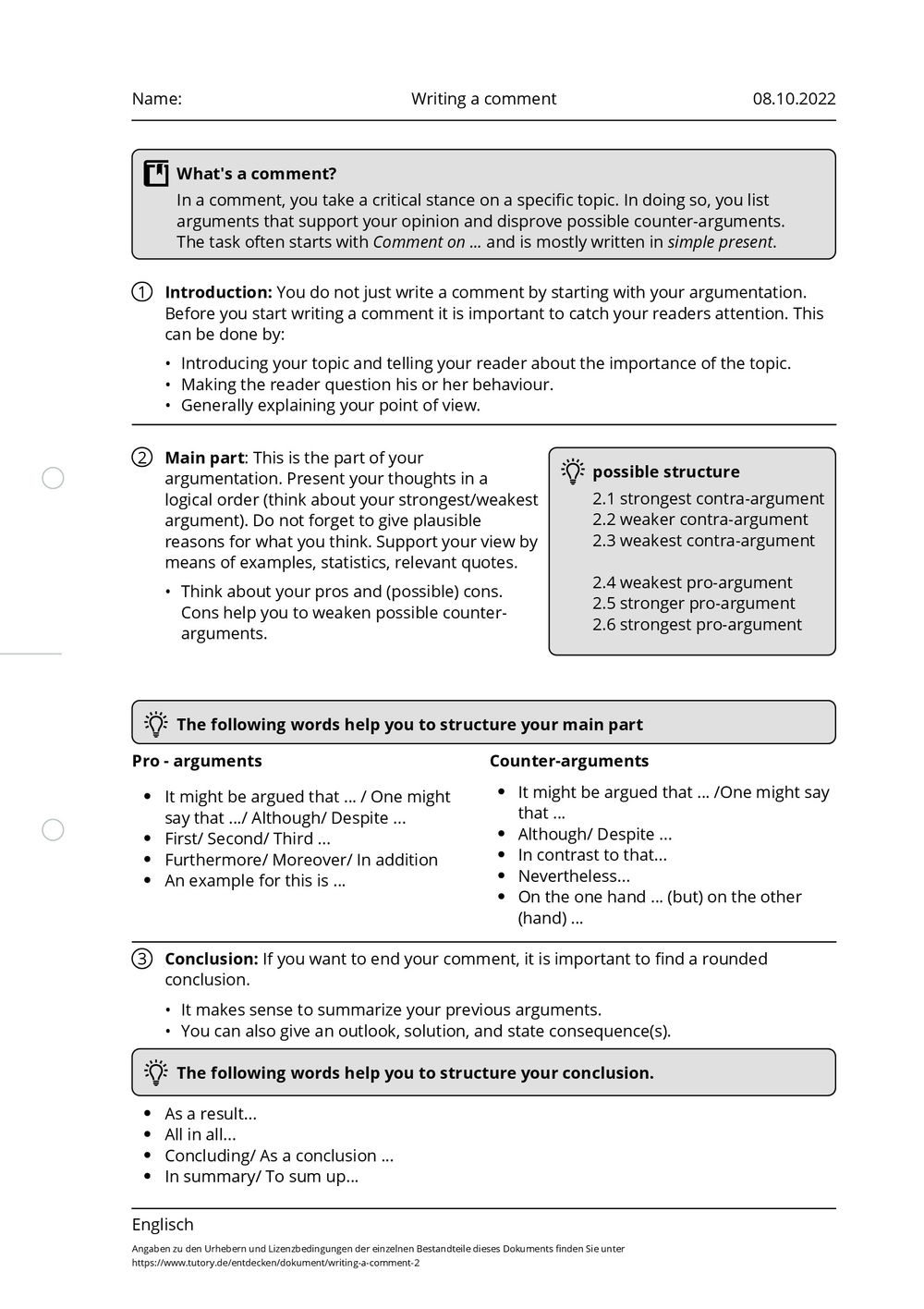 Arbeitsblatt - Writing a comment - Englisch - tutory.de