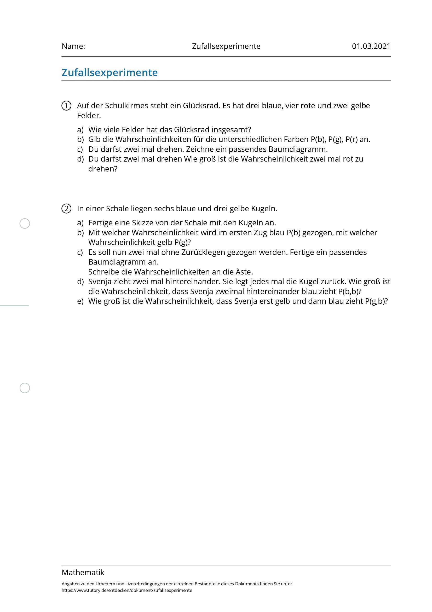 Arbeitsblatt - Zufallsexperimente - Mathematik - Tutory.de