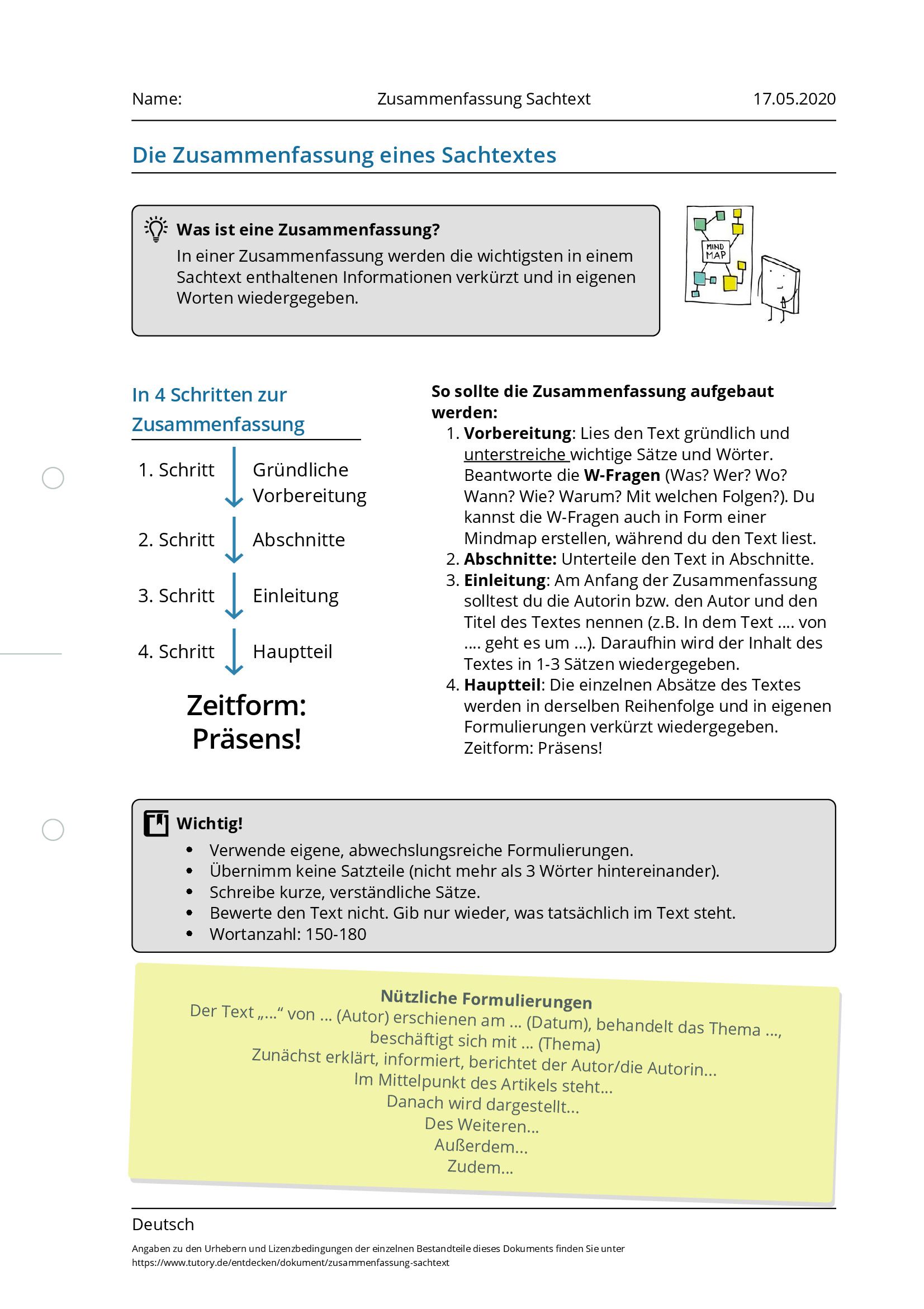 Arbeitsblatt - Zusammenfassung Sachtext - Deutsch - Tutory.de