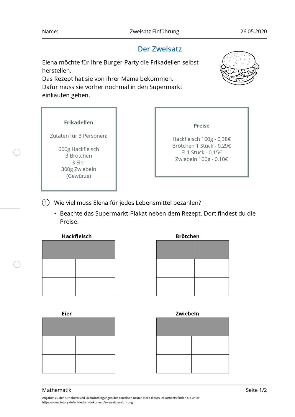 Arbeitsblatt - Zweisatz Einführung - Mathematik - tutory.de