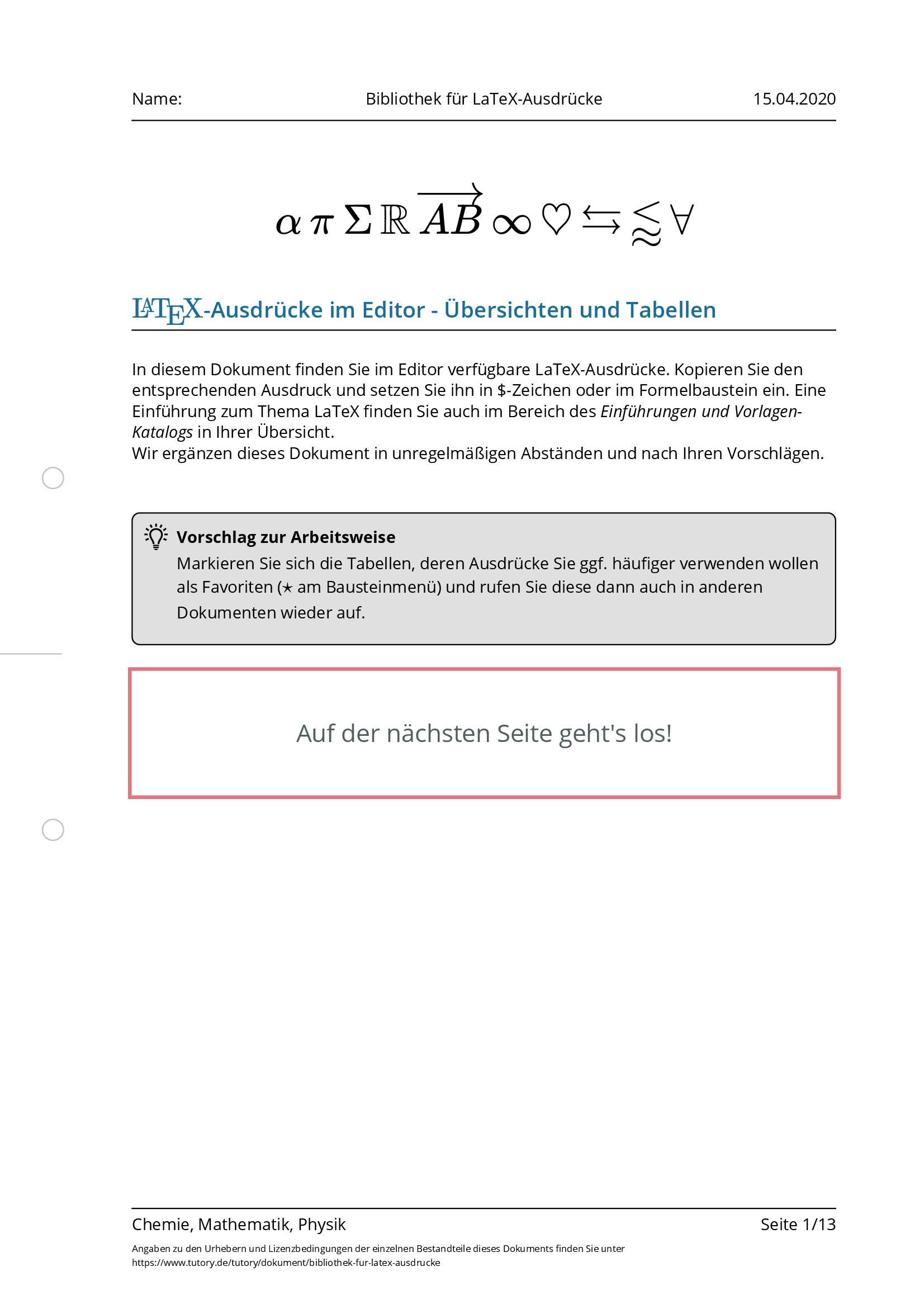 Arbeitsblatt - Bibliothek Für LaTeX-Ausdrücke - Chemie & Mathematik ...