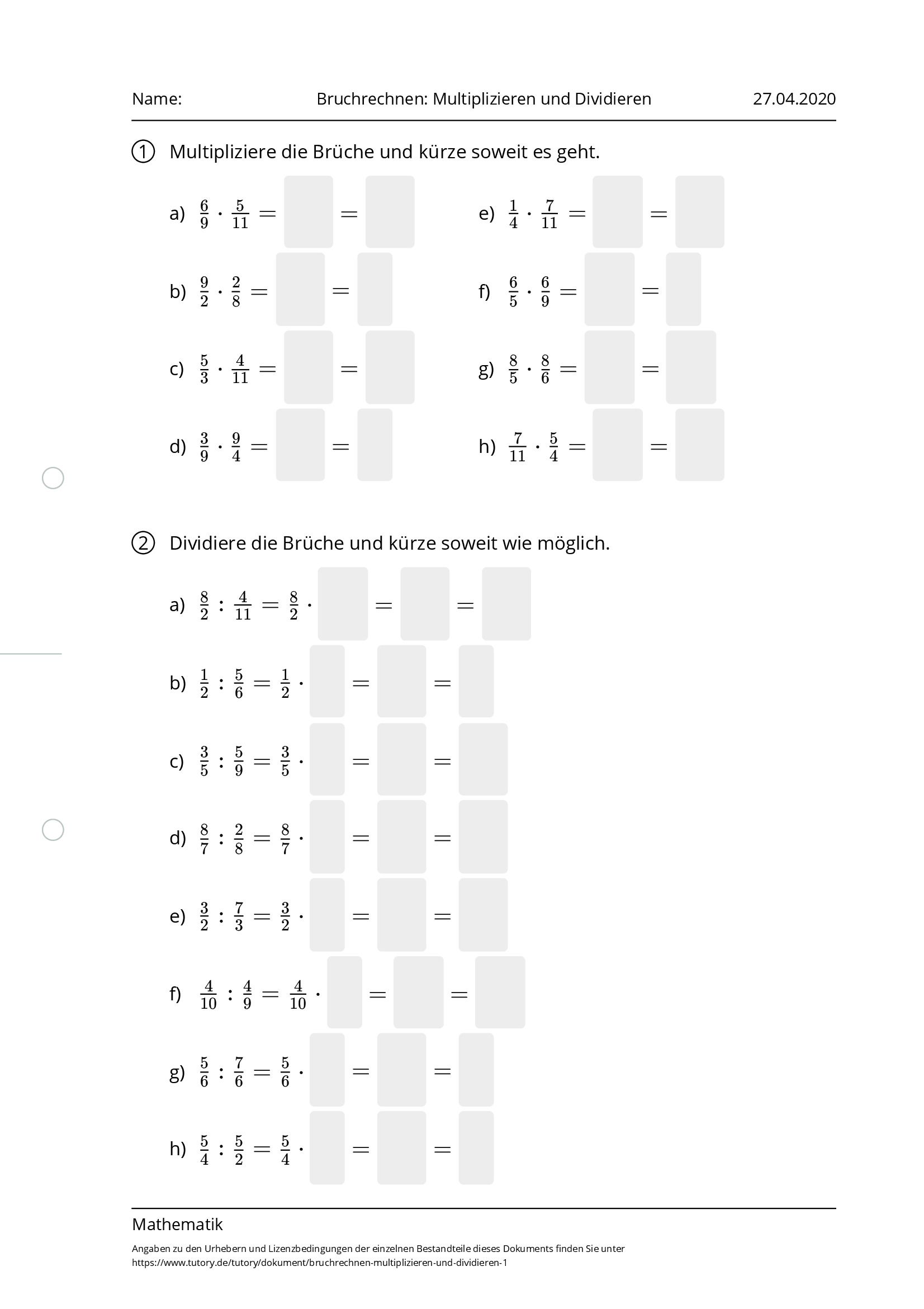 Arbeitsblatt - Bruchrechnen: Multiplizieren Und Dividieren - Mathematik ...