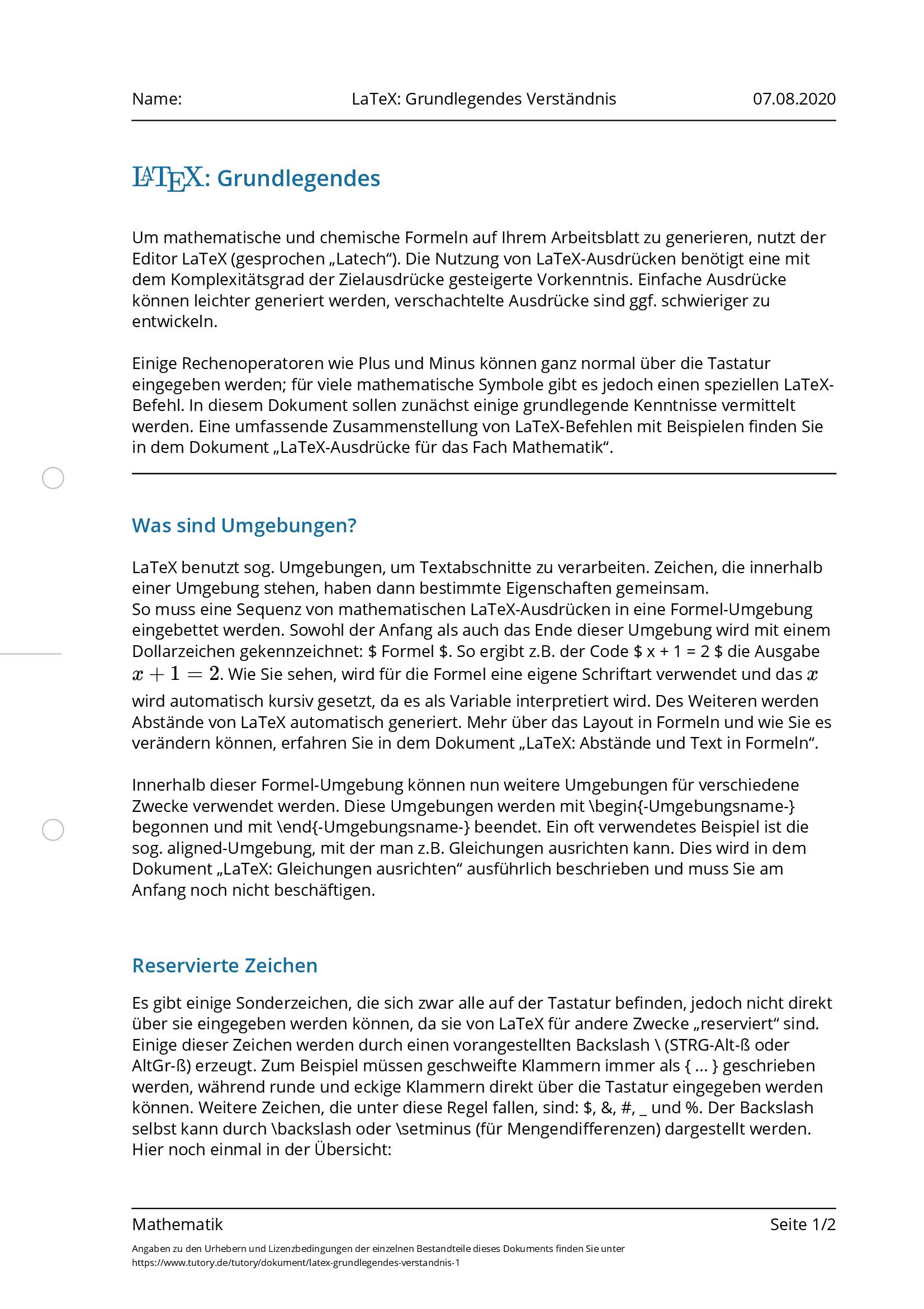Arbeitsblatt - LaTeX: Grundlegendes Verständnis - Mathematik - Tutory.de