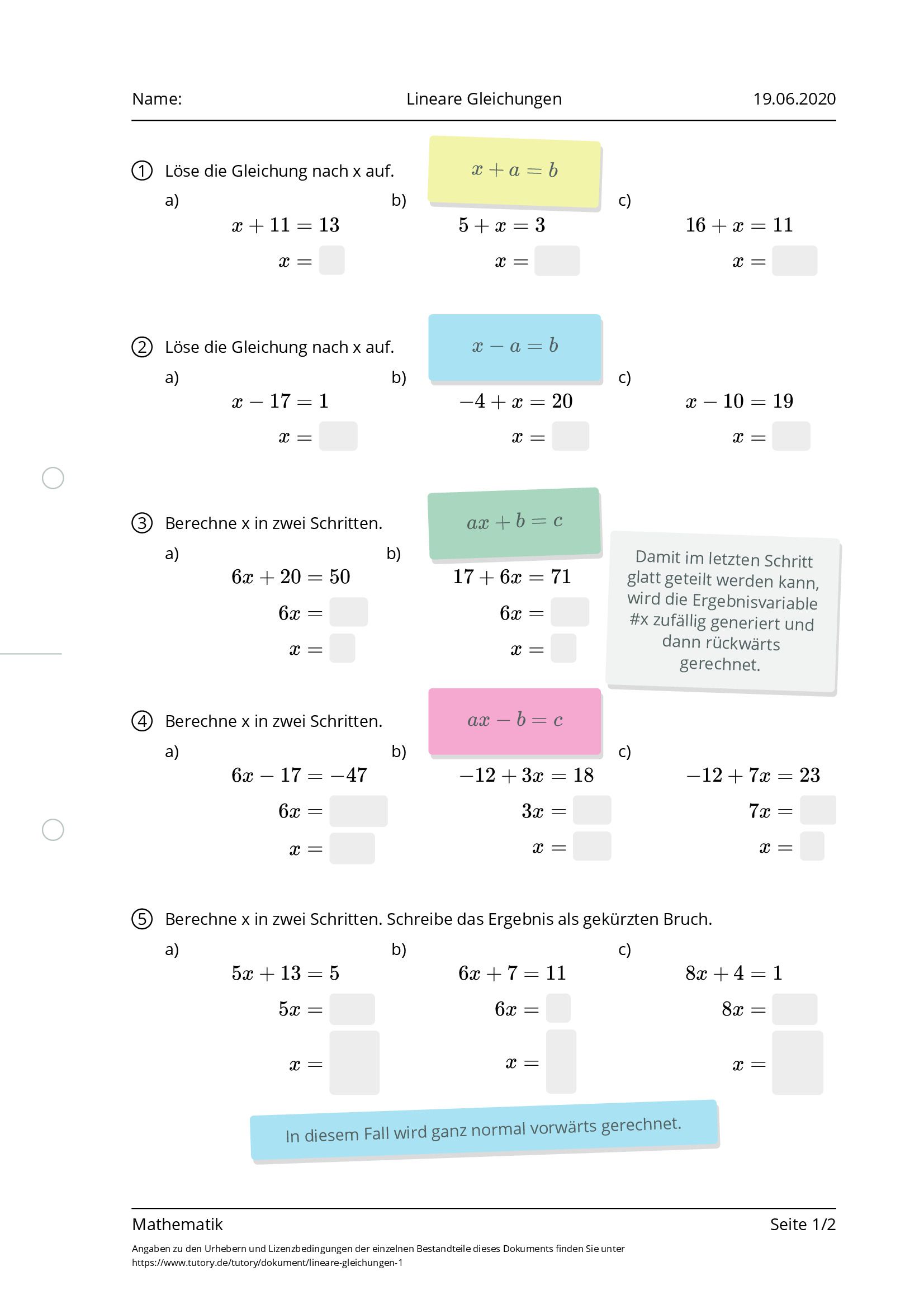 Arbeitsblatt - Lineare Gleichungen - Mathematik - Tutory.de