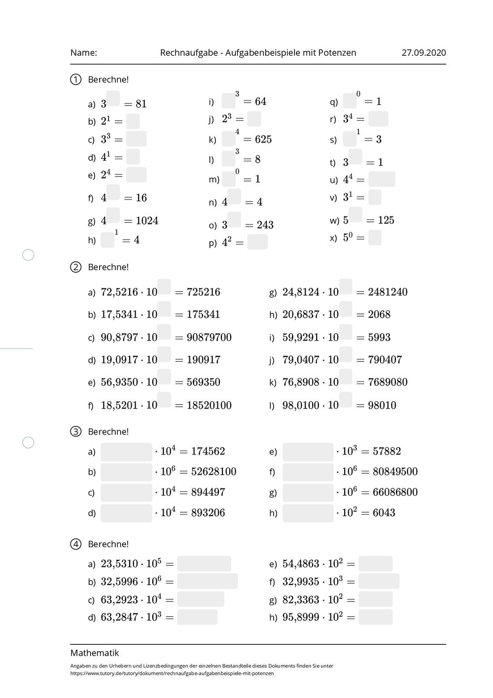 Potenzen Arbeitsblatt
 Arbeitsblatt Rechnaufgabe Aufgabenbeispiele mit Potenzen