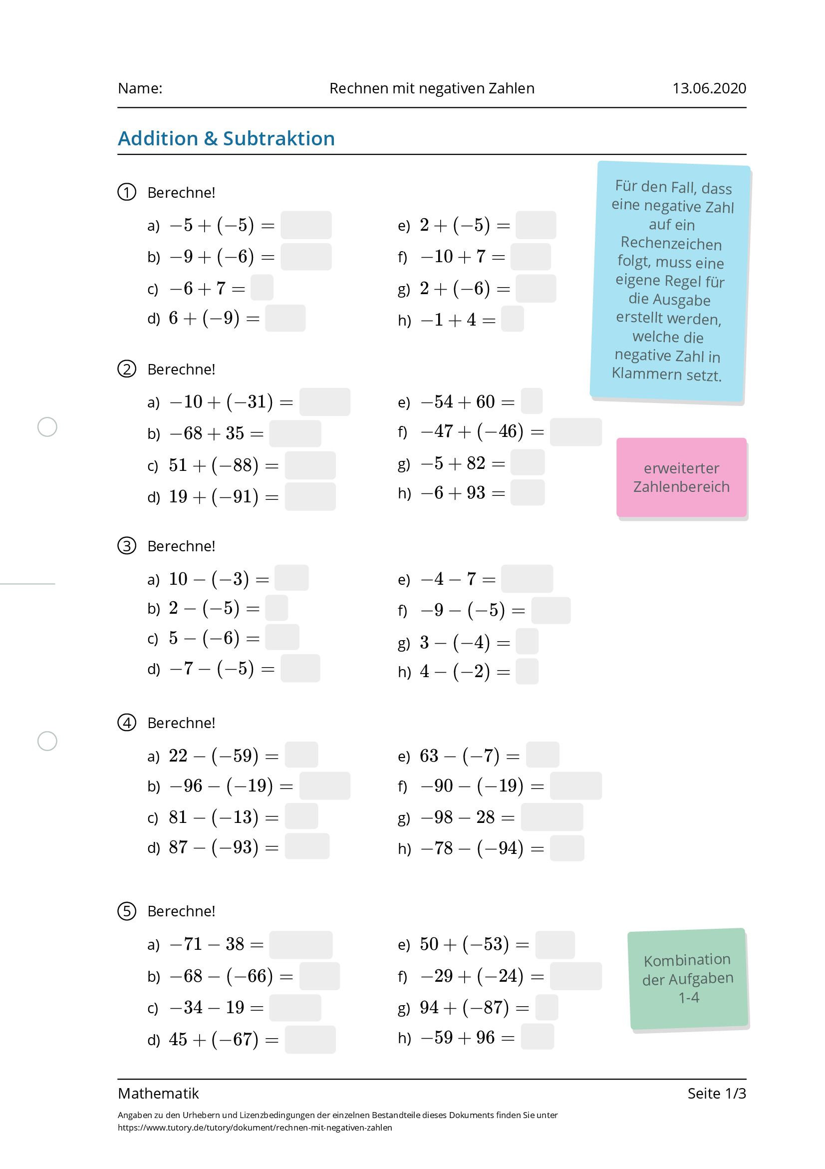 Arbeitsblatt - Rechnen Mit Negativen Zahlen - Mathematik - Tutory.de